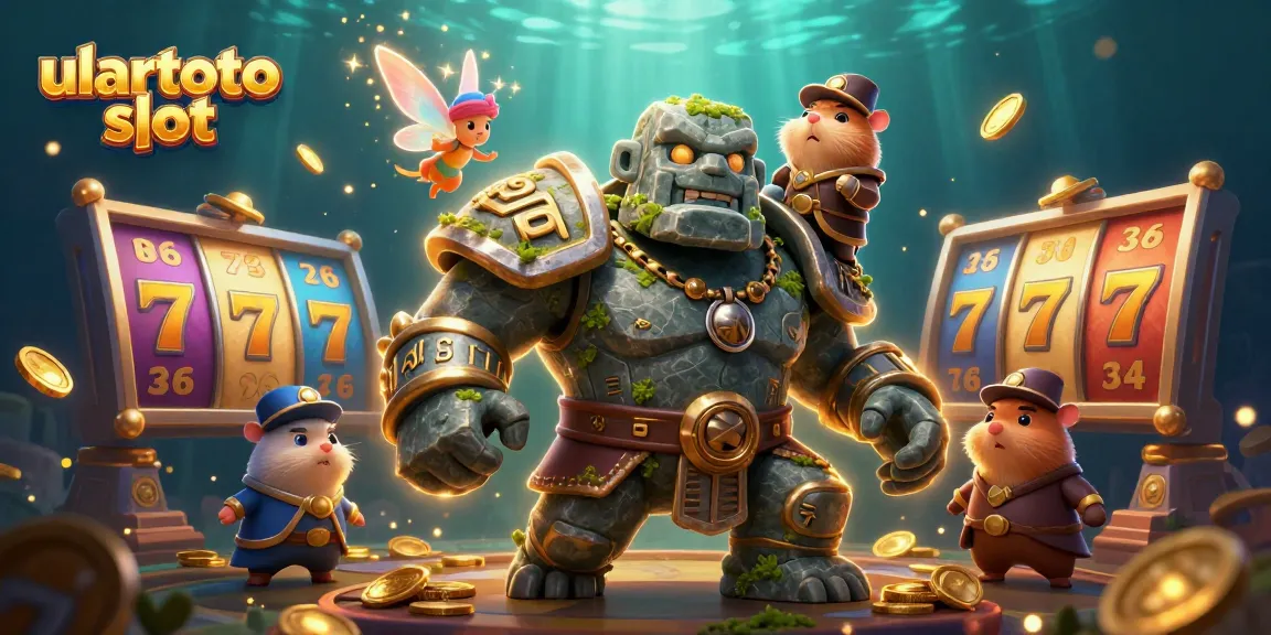 Raih keberuntungan di ulartoto slot dengan penjaga golem kuno dan petualang berani dalam ilustrasi magis.