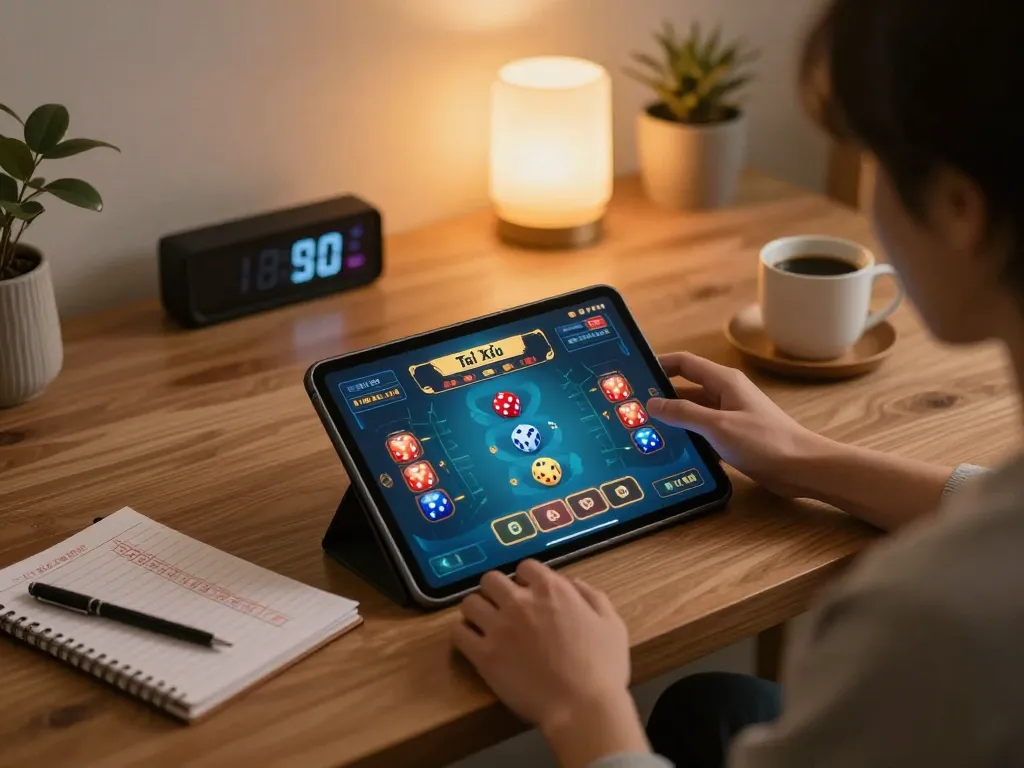 Tài Xỉu player engaging with exciting online game, colorful tablet interface visible.