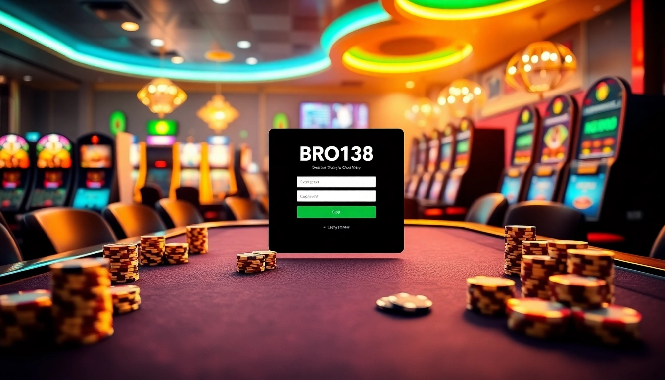 Engage with the exciting BRO138 login experience featuring colorful casino elements and poker chips.