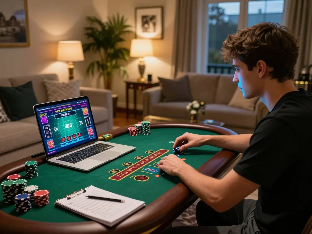 Engaging in a live dealer game on VA88 with strategic betting notes beside laptop