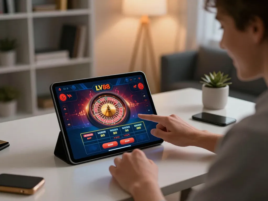 Player engaging with the LV88 casino app on a tablet, showcasing online gaming activity