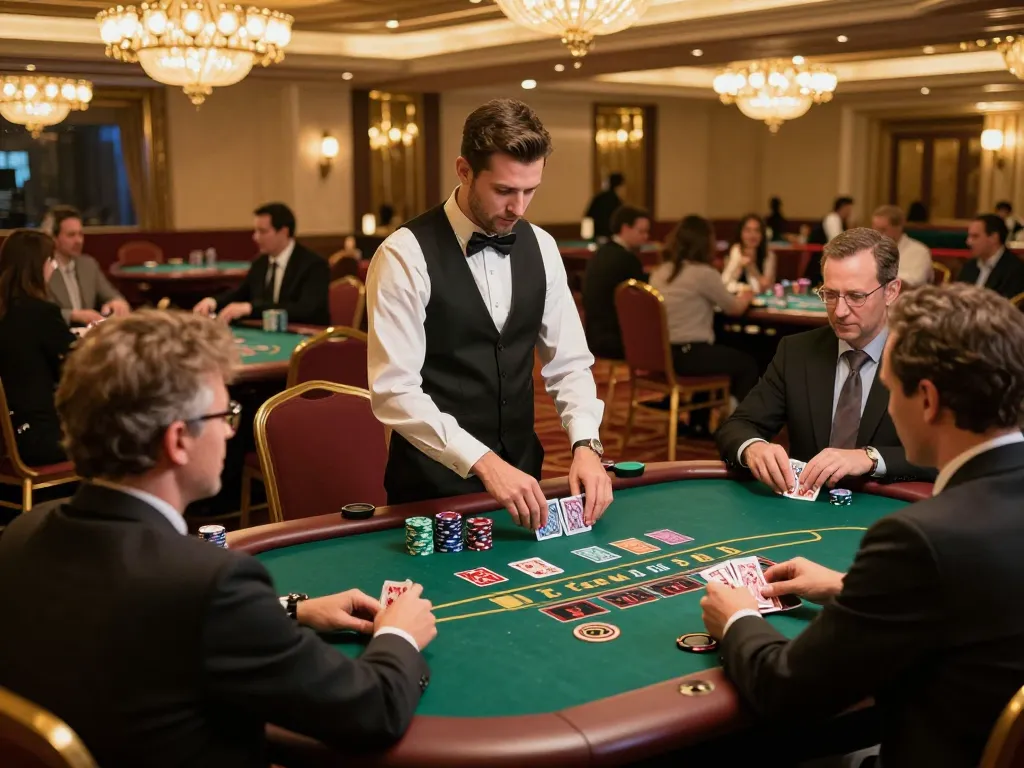 Players enjoying blackjack at 99ok's luxurious casino, capturing the excitement of high-stakes gambling.