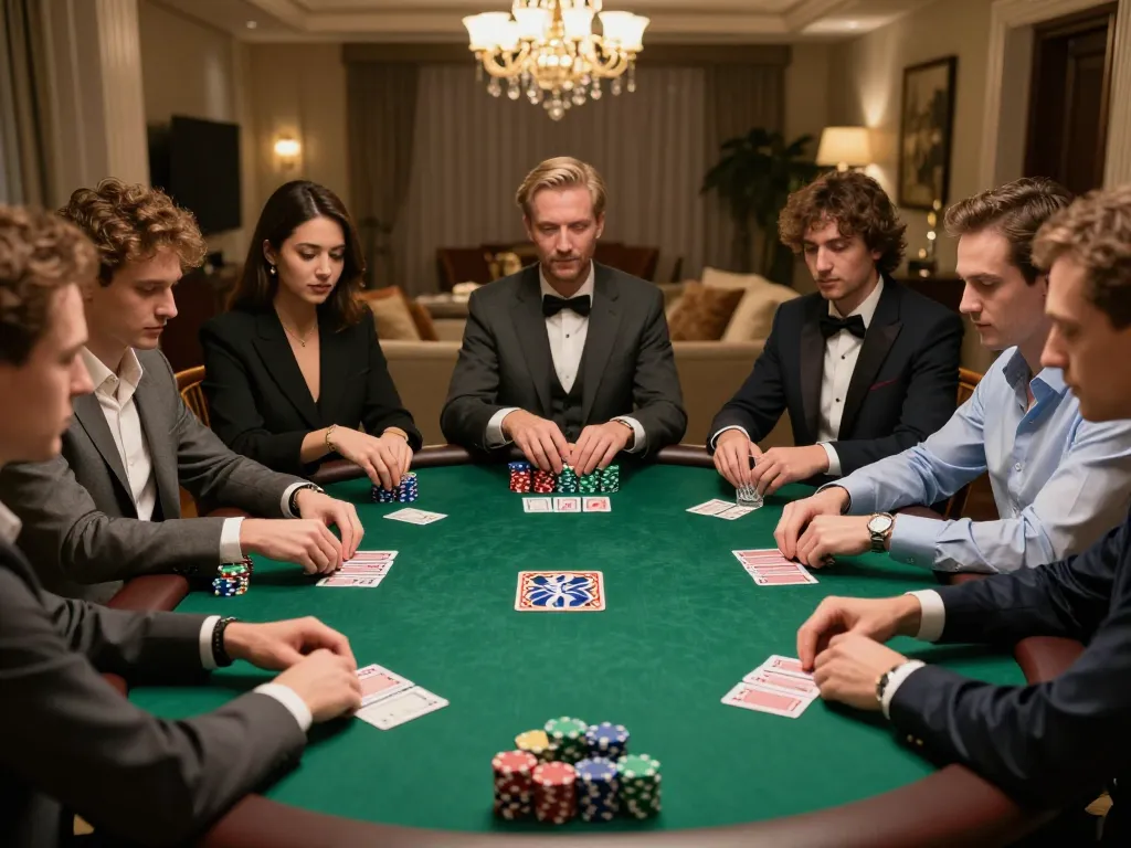 LIGALGO Daftar poker strategy session with friends in a luxurious setting, emphasizing smart gameplay.