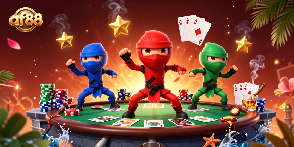 Experience thrilling poker action at af88 with vibrant chameleon characters amidst colorful gambling elements.