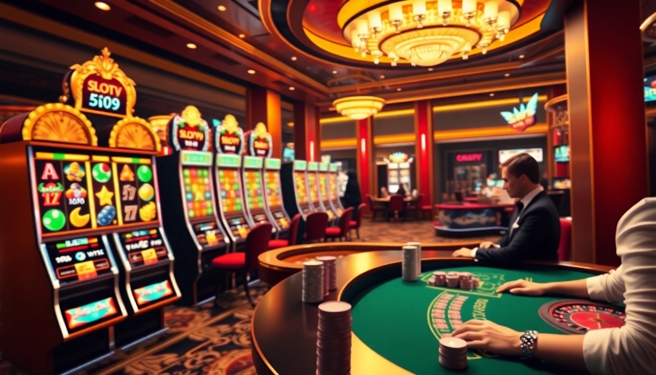 SLOT99 casino enthusiasts playing vibrant slot machines and enjoying a luxurious online gaming experience.
