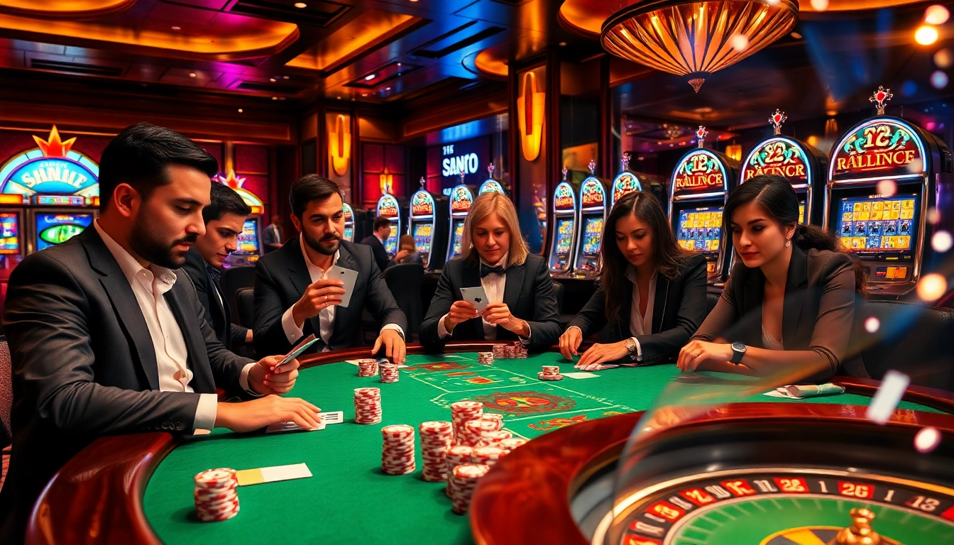 SODO casino scene showcasing gamblers at a poker table with vibrant chips and intense action.