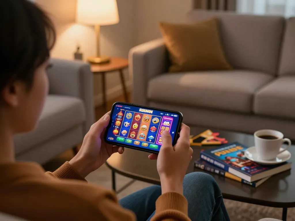 SUNWIN mobile gaming scene displaying engaging casino app on smartphone in a cozy home setting.