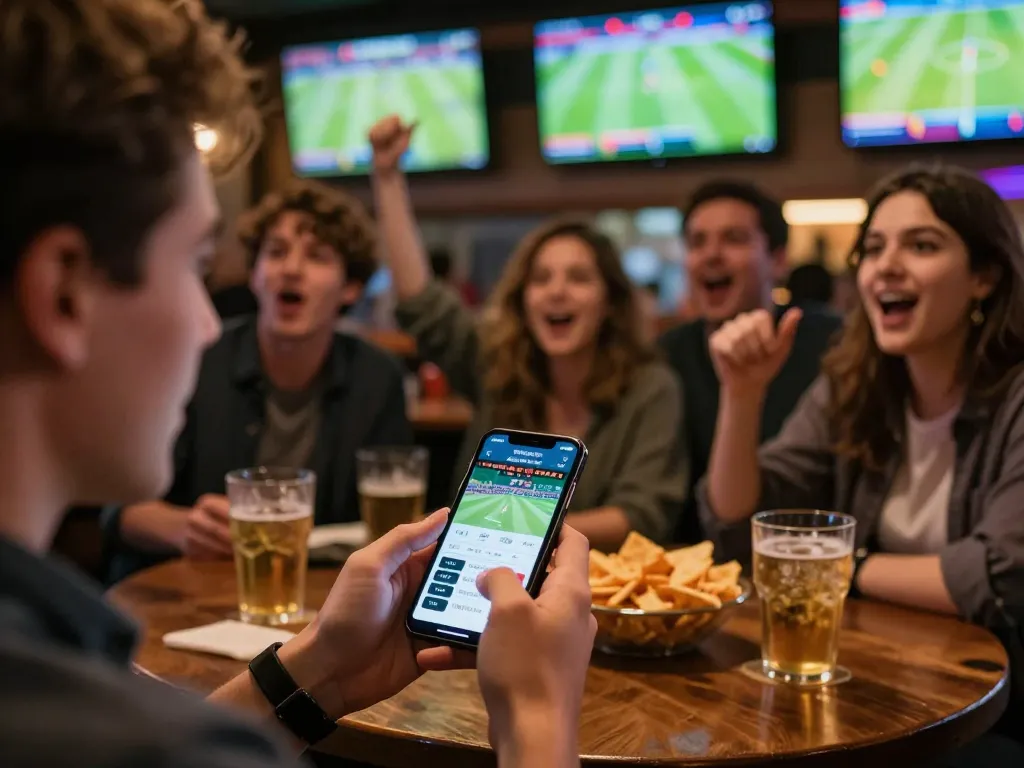 Engaged user betting on mposport app during live sports event in a vibrant pub