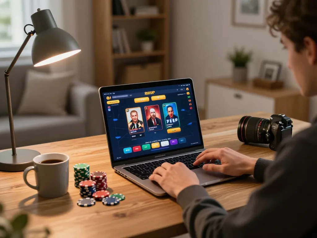 Engaging with RIKVIP online casino on a cozy gaming setup, showcasing poker gameplay.