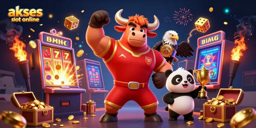 Akses permainan slot online dengan mesin slot meledak dan karakter kartun menarik.
