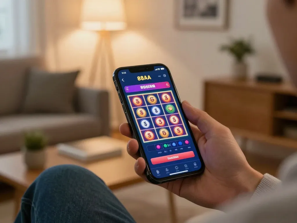 Engaging with 88aa đăng nhập on smartphone, person playing colorful slot game while enjoying a comfortable home environment.