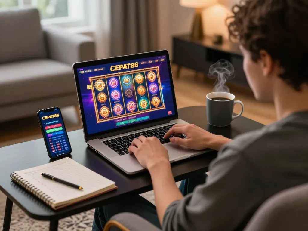 Setup permainan online CEPAT88 dengan pemain yang fokus pada strategi permainan slot dalam suasana yang nyaman.