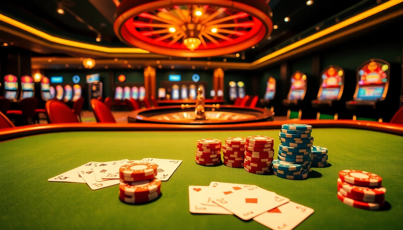 Action-packed casino scene focusing on asupanjitu with vibrant poker chips and tables in a luxurious atmosphere.