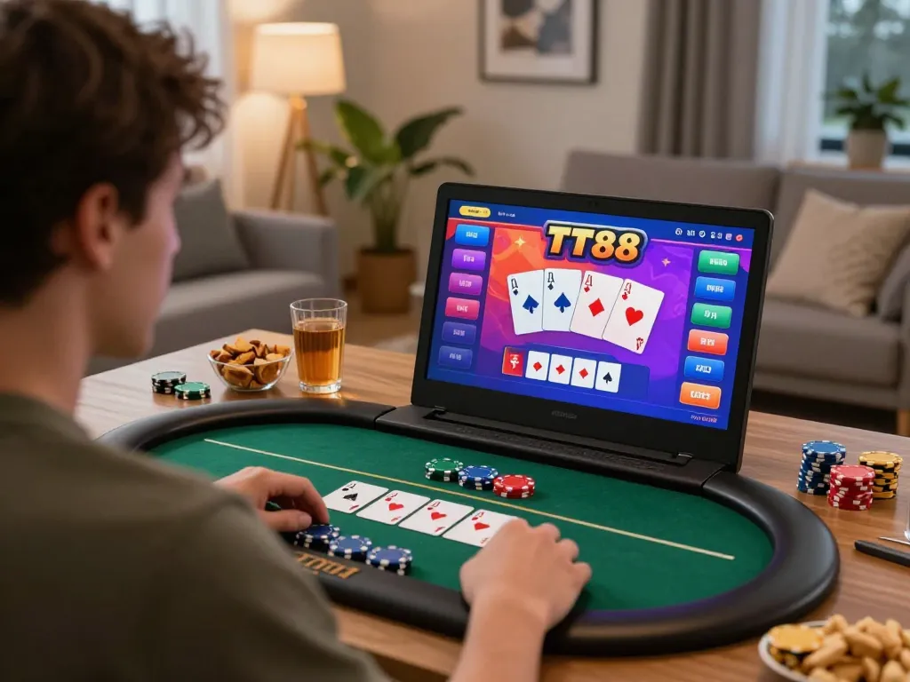 Engaging TT88 online poker gameplay on laptop in cozy living room atmosphere