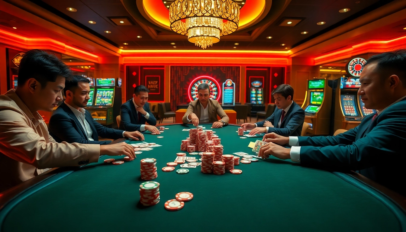 Experience the excitement of dn88 with players strategizing at a high-stakes poker table.