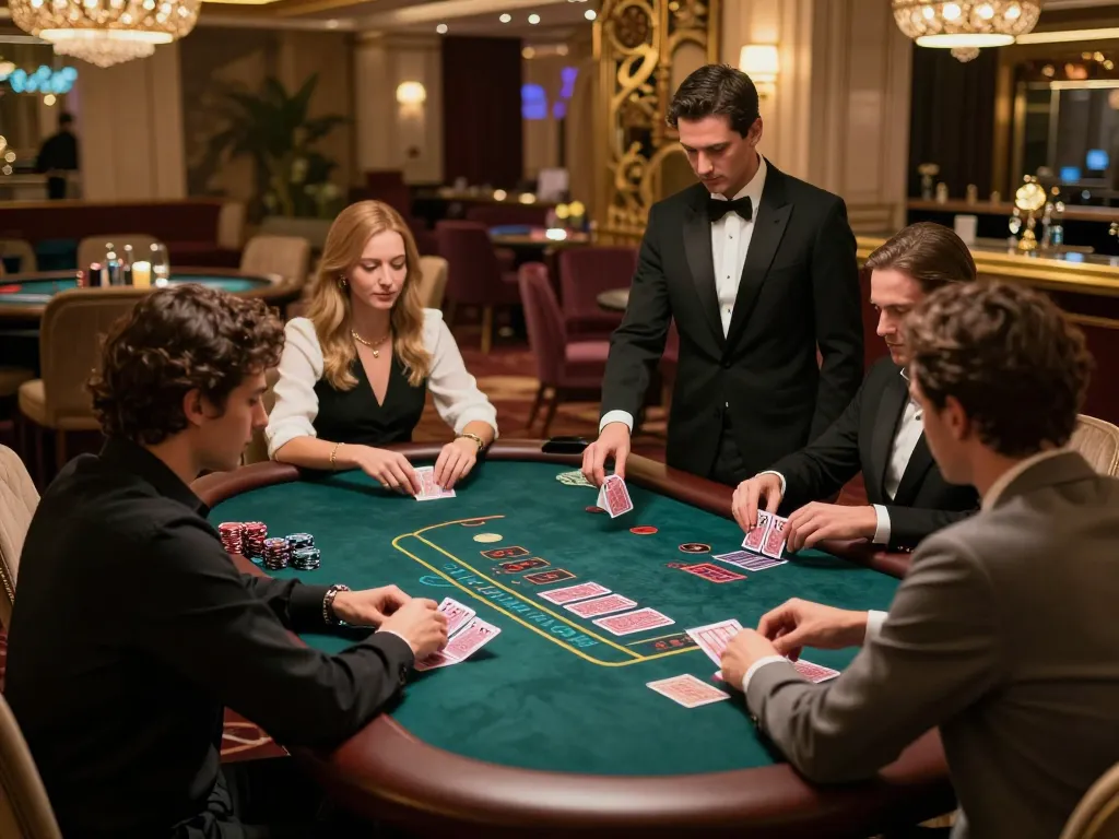 Excited players strategizing their bets at cm88's exclusive blackjack table in a luxurious casino setting
