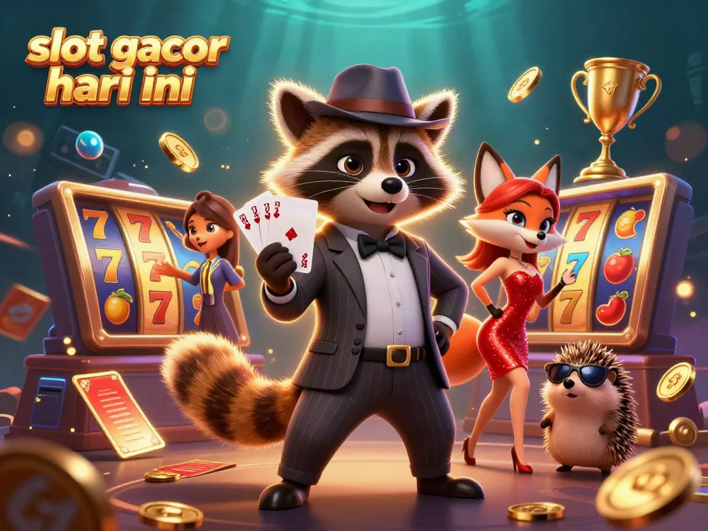 Ilustrasi slot gacor hari ini dengan karakter tikus rakun dan teman-teman di kasino.