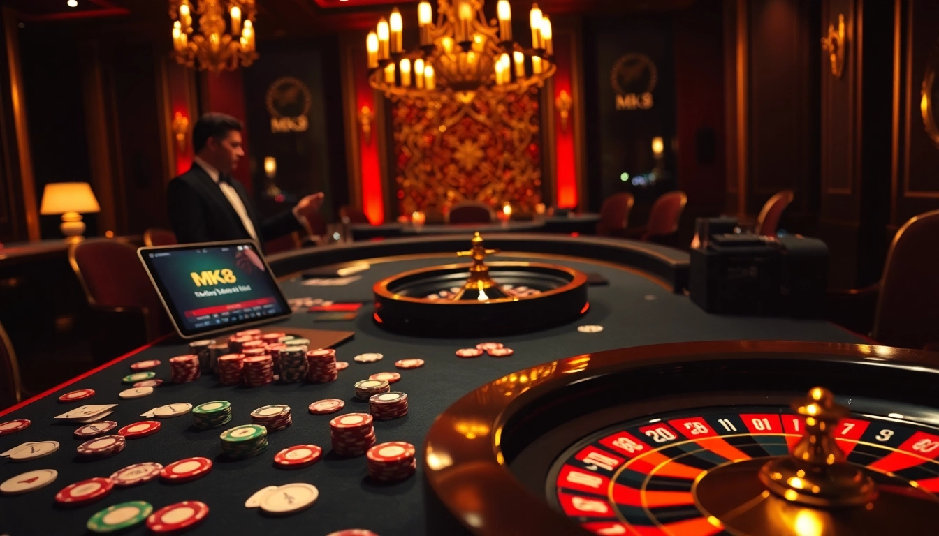 MK8 casino scene showcasing vibrant chips and playing cards in an elegant setting