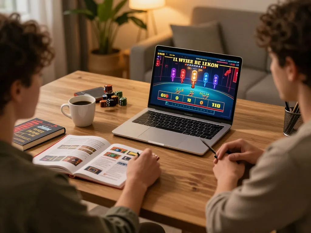 Player using mb66 online casino app on a sleek laptop, surrounded by gaming strategy notes and coffee.