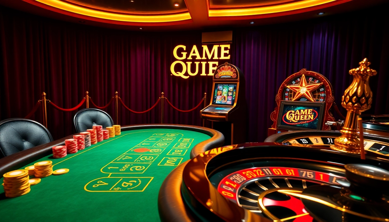 A thrilling Game Queen casino scene showcasing a blackjack table and elegant slot machines.