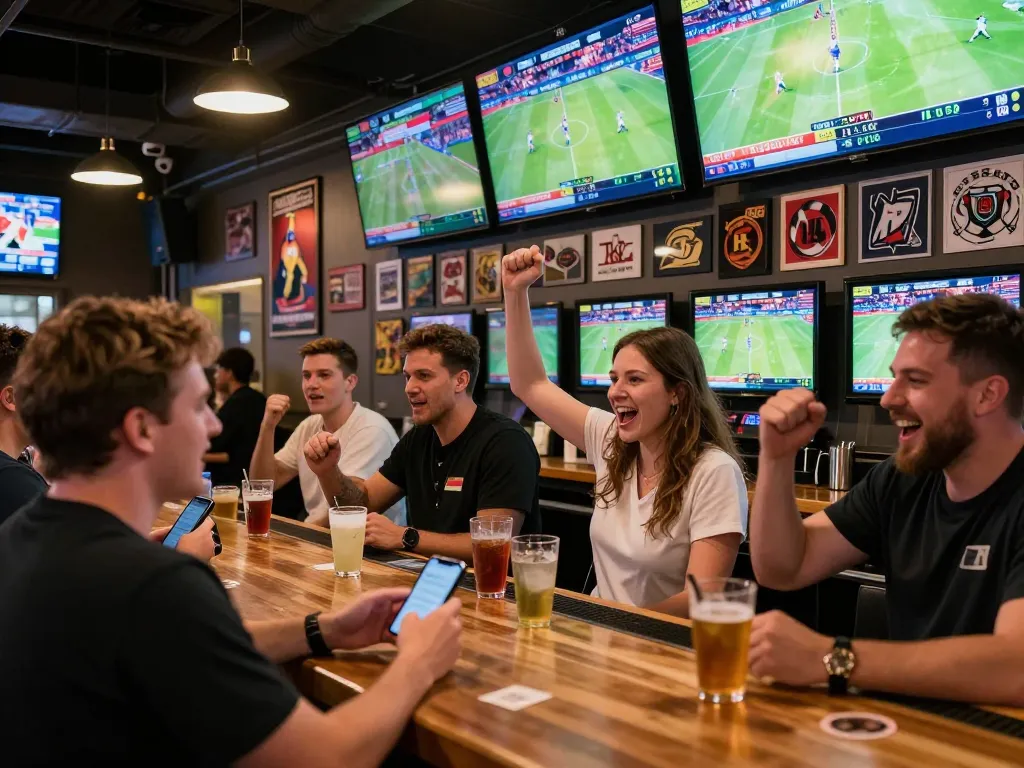 Sbobet betting action in a lively sports bar with patrons cheering and placing bets
