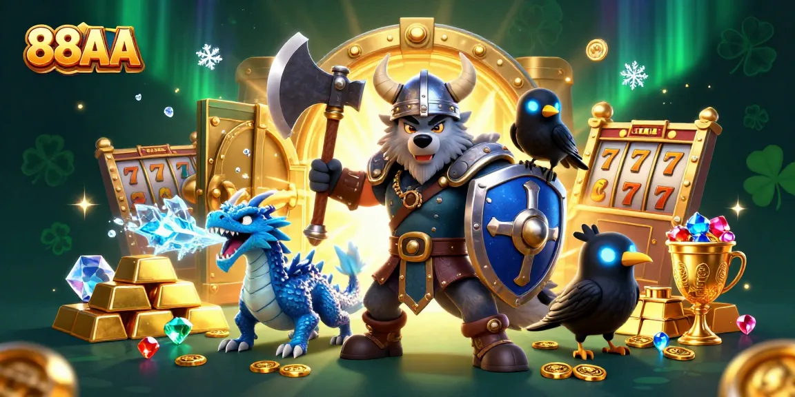 88AA Viking-themed illustration showcasing a wolf warrior, dragon, and treasure in a vibrant casino scene.