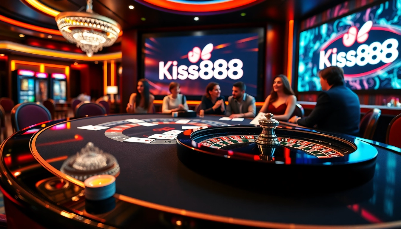 Kiss888 players enjoying a thrilling casino experience at a stylish gaming table.