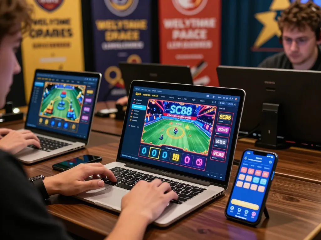 Engaging online gambling experience with SC 88 on laptop and smartphone, vibrant game graphics, and diverse players interacting.