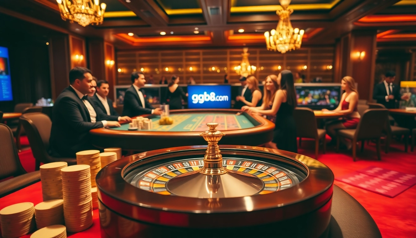 Experience the thrill of gambling with gg88.com at a luxurious casino table featuring a roulette wheel and poker chips.