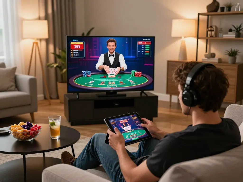 Engaging player using nk88 tablet for live dealer poker while enjoying a cozy home atmosphere.