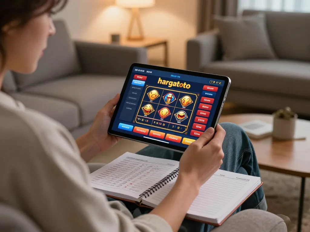 Menggunakan platform kasino online hargatoto di tablet di ruang tamu yang nyaman