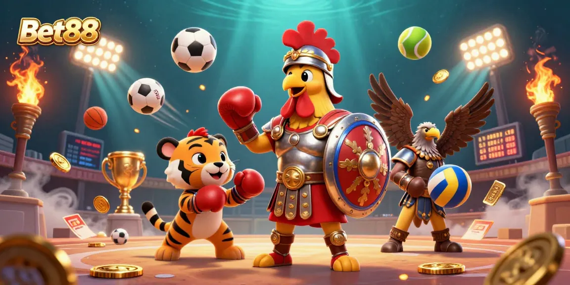 Experience thrilling sports action and gaming excitement with Bet88, featuring a gladiator rooster and dynamic elements.