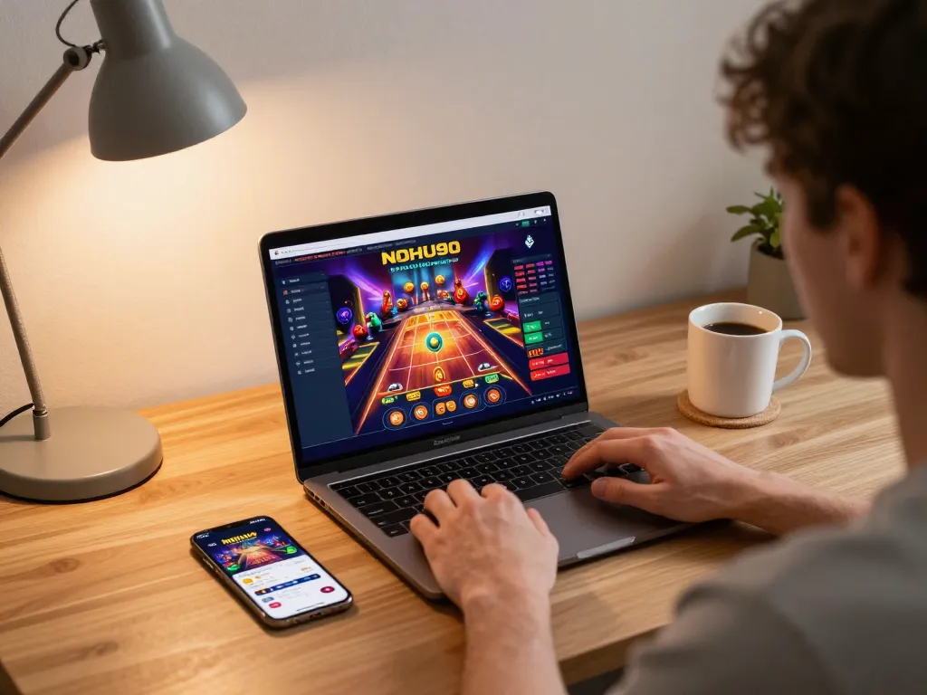 Player enjoying a thrilling gaming session at NOHU90 online casino with laptop and mobile app.
