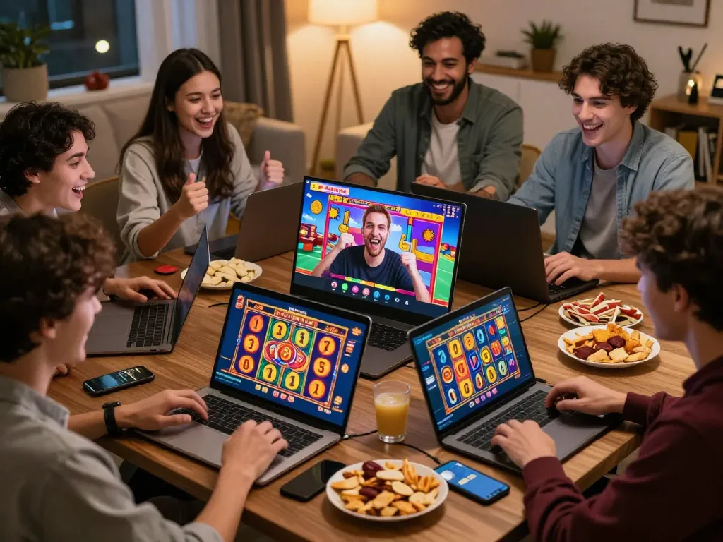 Friends celebrating wins playing viral88 slot games during a fun online gaming session