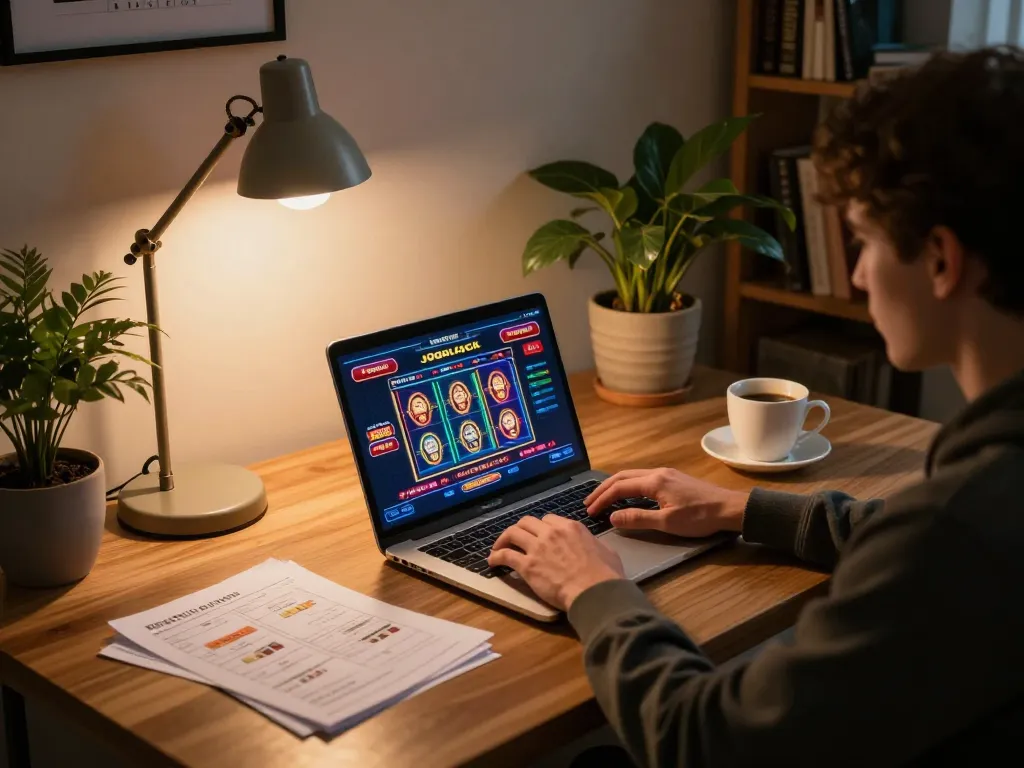 Player engaging with Jogoluck casino games on a laptop amidst strategic notes and a warm cozy atmosphere.