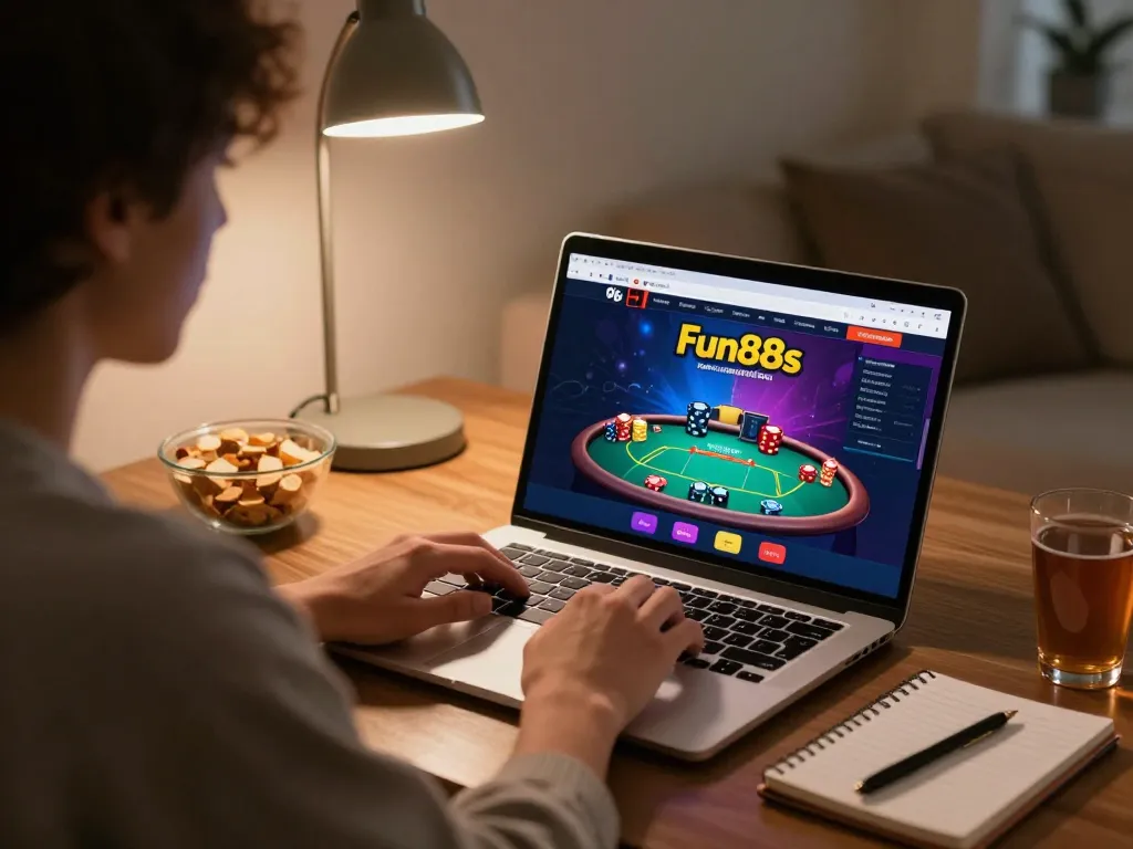 Person engaged in online poker gameplay on fun88s, showing intense concentration and strategy.