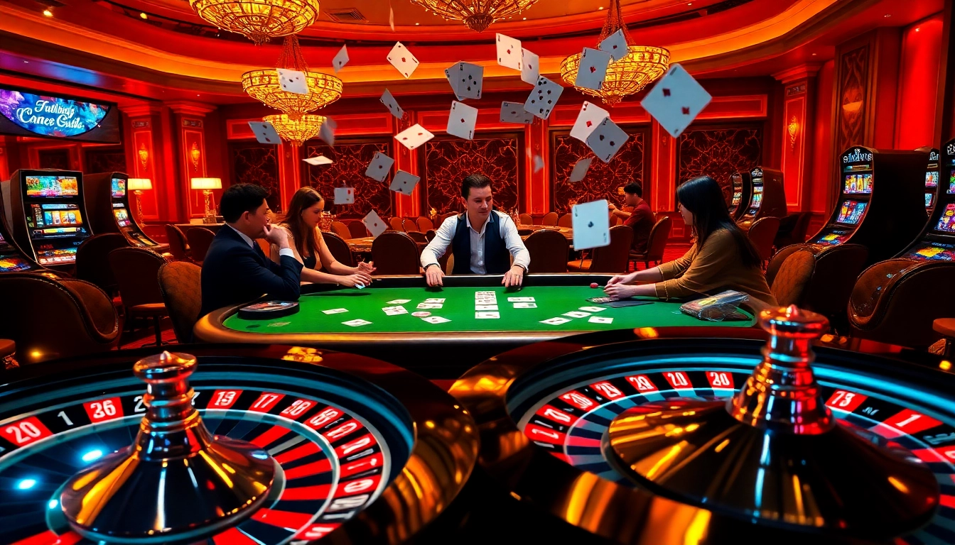 Players enjoying a thrilling game at UK88 video poker table amidst a luxurious casino backdrop.