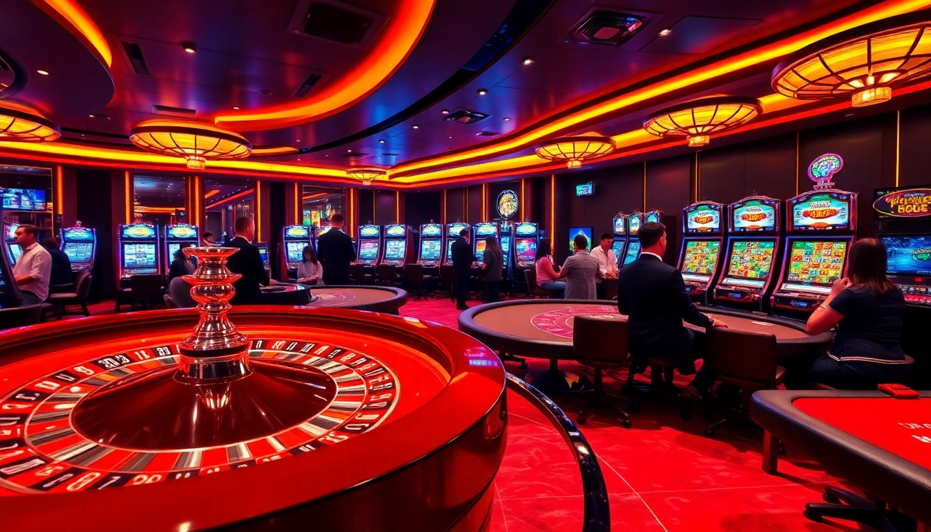 Experience the thrill of u88 bet as players engage with vibrant slot machines in a luxurious casino.