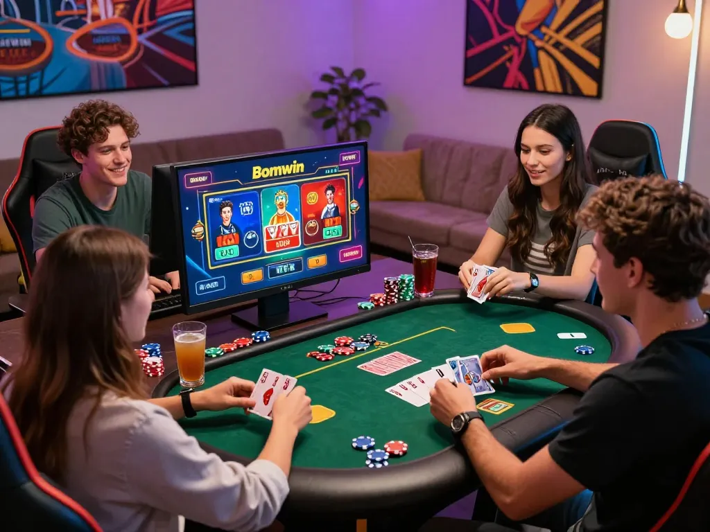 Friends enjoying an exciting online casino game on Bomwin platform, showcasing vibrant graphics and a lively atmosphere.