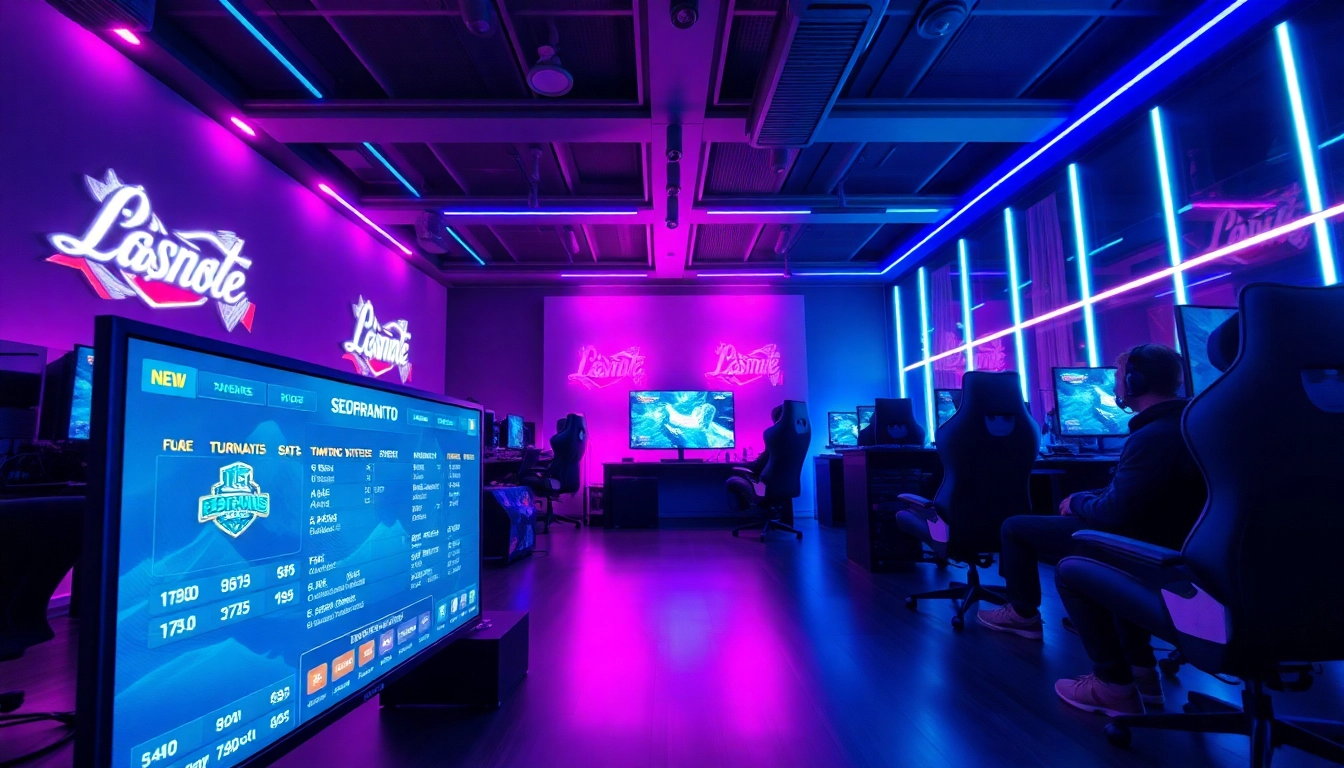 Action-packed esports lounge showcasing asupantoto gaming excitement with vibrant LED lights and intense gamers.