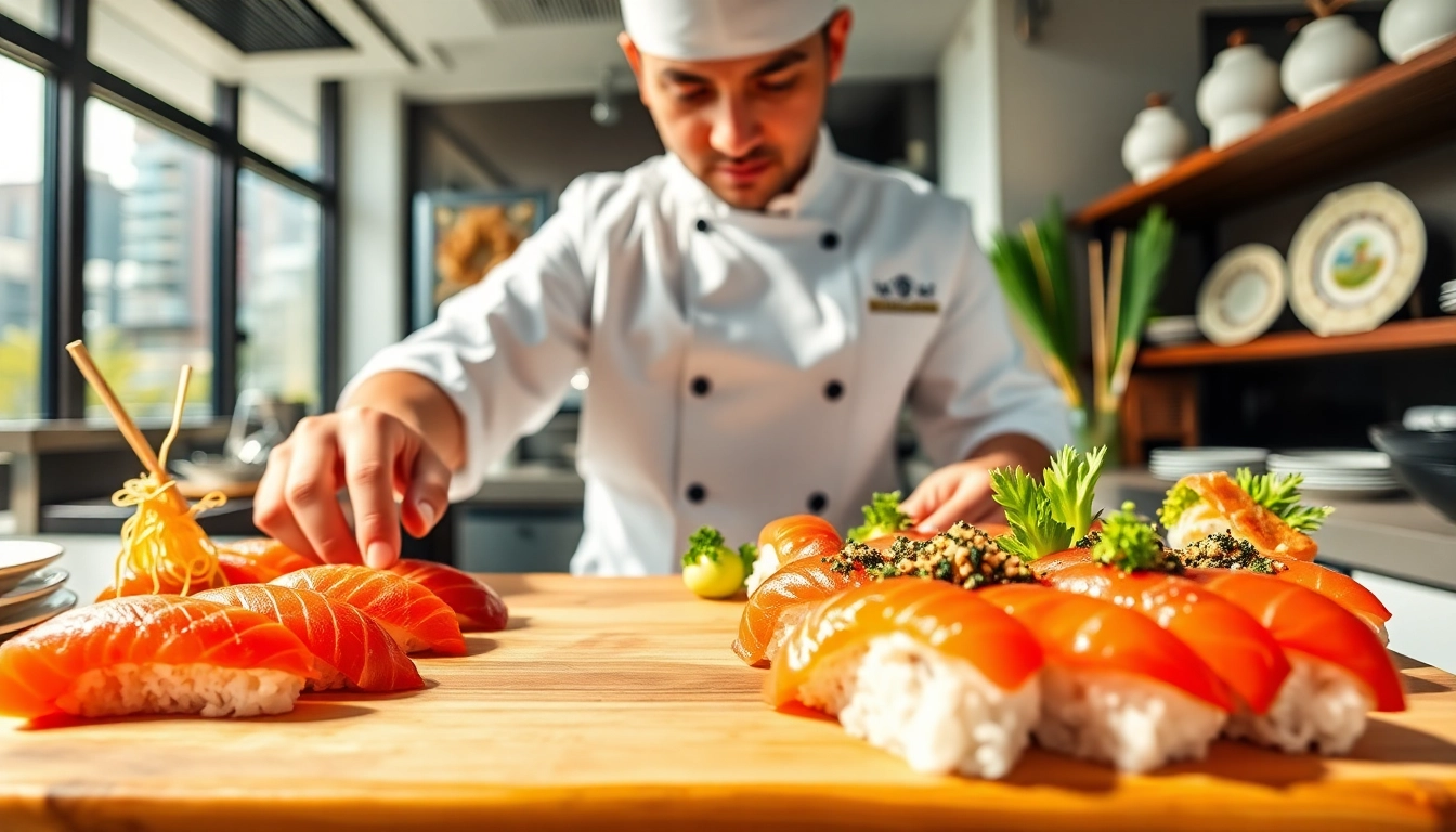 Enjoying exquisite sushi prepared by MISTER HOKI in a vibrant restaurant kitchen.