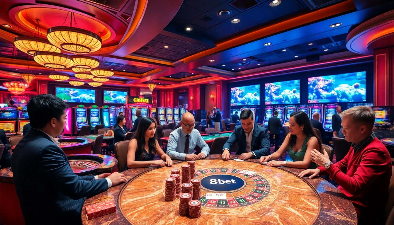 Engaged players enjoying a thrilling game at 8kbet casino with vibrant tables and exciting atmosphere.