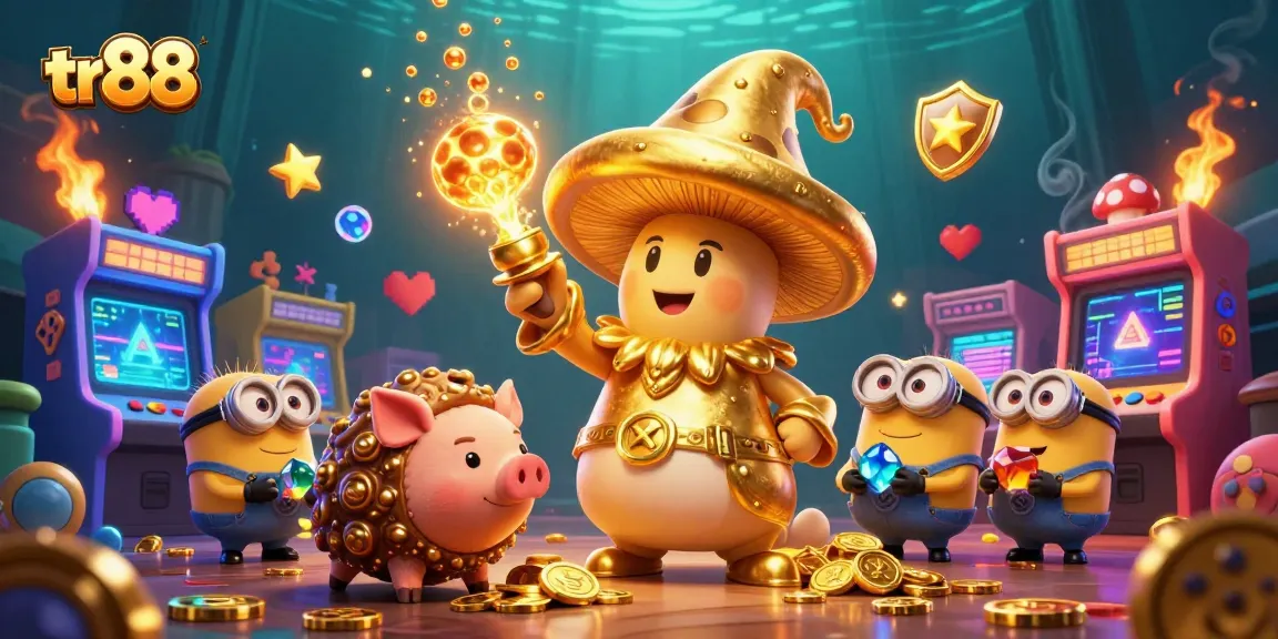 Experience the excitement of tr88 as a golden wizard channels magic, surrounded by vibrant gaming elements.