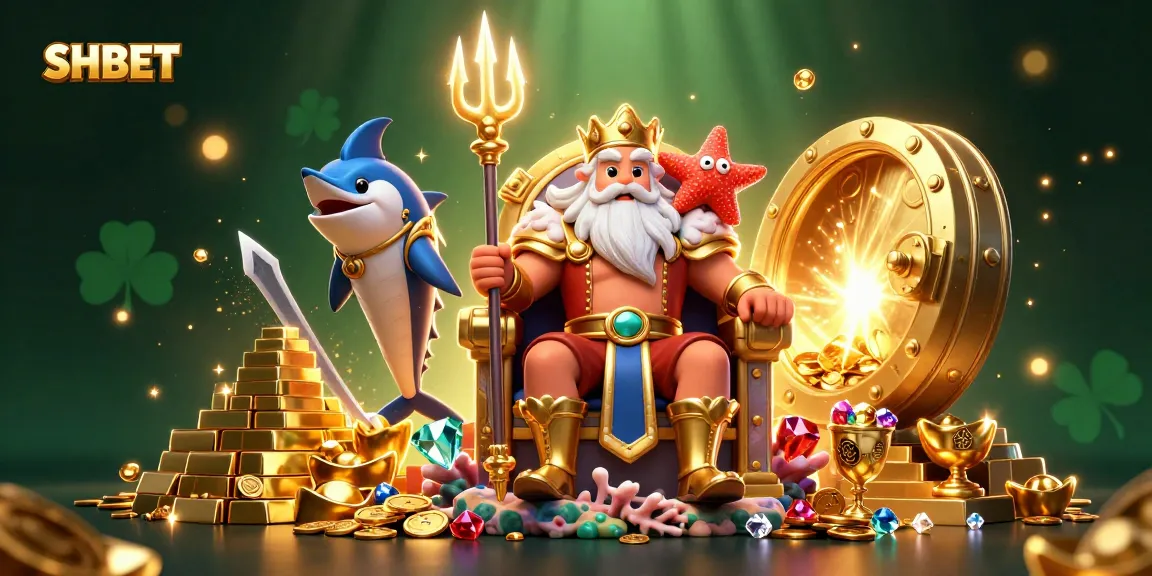 Experience thrilling wins with SHBET, featuring Neptune and treasure in a vibrant casino scene.