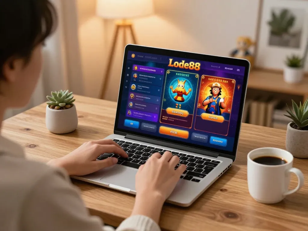 Lode88 online gaming setup showcasing a cozy atmosphere with multiple game interfaces.