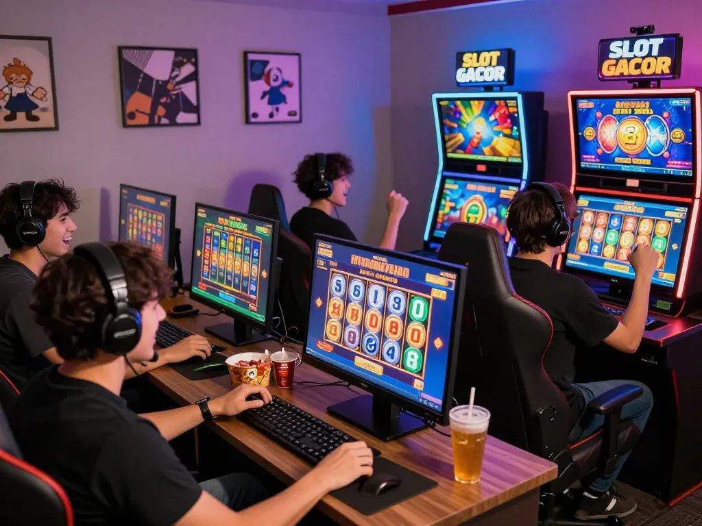 SLOT GACOR online gaming scene with players celebrating wins at a digital casino.