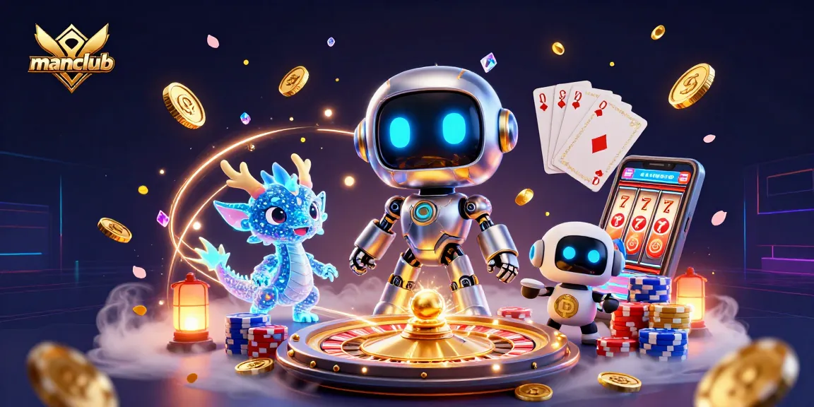 Experience manclub gaming excitement as cyberpunk robots celebrate big wins with dazzling slot reels.