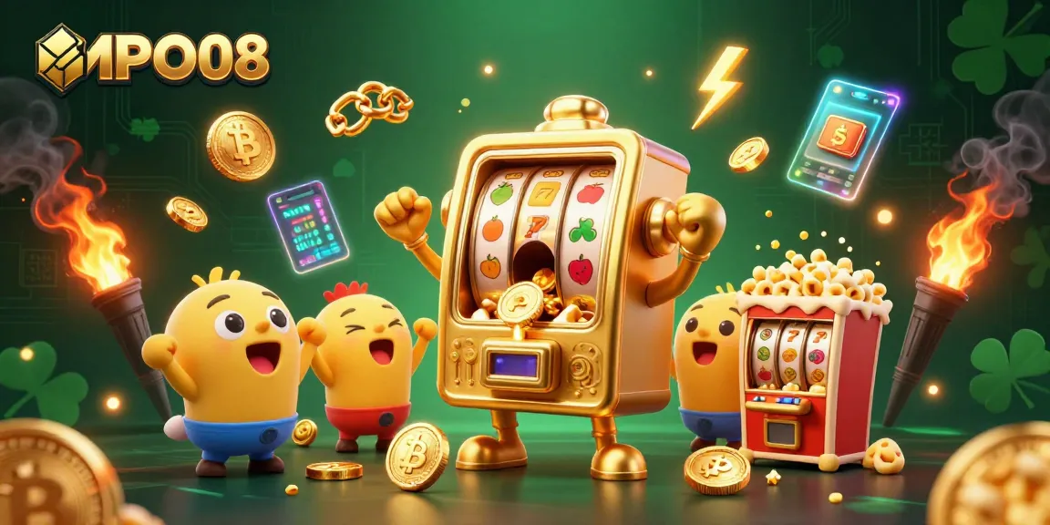 MPO08 slot machine hits the jackpot surrounded by cheering characters and Bitcoin elements, celebrating online gaming