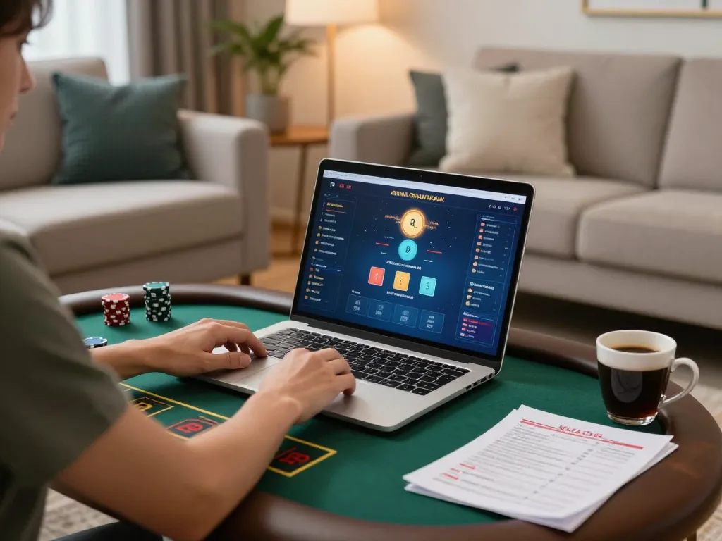 Engaging online poker gameplay at https://rr888.shopping/ with player analyzing strategy notes in a cozy living room.