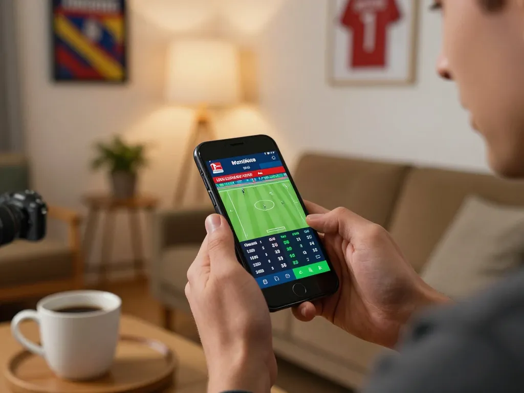 Engaged user placing live bets on nk88 via smartphone in a cozy setting